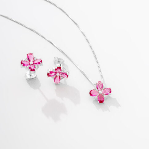 Conjunto de Prata - Pink Flower